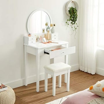 Masa de toaleta cu scaun si oglinda, 70 x 40 x 134 cm, MDF, alb, Vasagle - Img 2