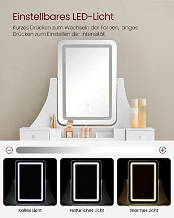 Masa de toaleta cu scaun si oglinda cu iluminare LED, MDF / textil, alb, Songmics - Img 3