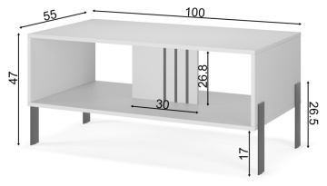 Schiță dimensiuni măsuță de cafea Nexo ADRK stejar artisan 100x55x47 cm cu picioare metalice negre și spațiu de depozitare deschis
