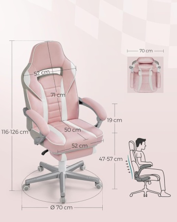 Scaun ergonomic cu recliner, Ø 70 cm, metal / piele ecologica, roz / alb, Songmics - Img 4