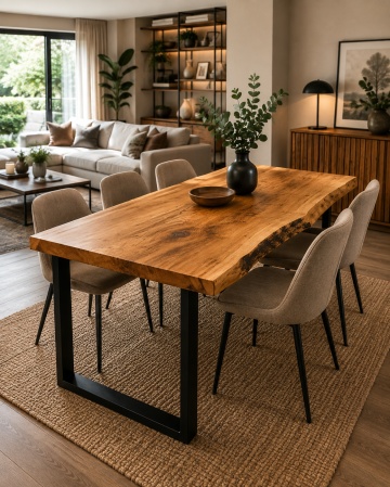 Masă dining cu blat din lemn natural și picioare masă metal dreptunghiulare AlmaCasa