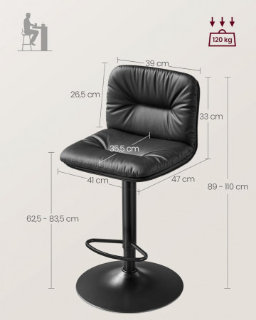Set 2 scaune bar, 47 x 41 x 89-110 cm, piele ecologica / metal, negru, Vasagle - Img 3