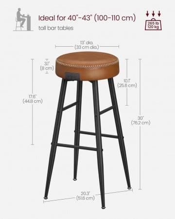 Set 2 scaune bar, 51.6 x 51.6 x 76.2 cm, piele ecologica / metal, caramel / negru, Vasagle - Img 3