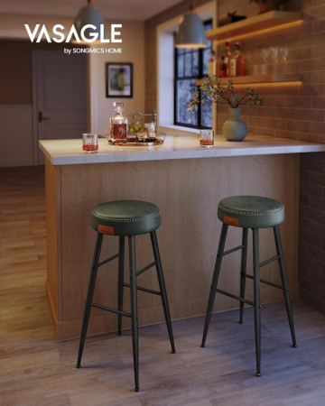 Set 2 scaune bar, 51.6 x 51.6 x 76.2 cm, piele ecologica / metal, verde / negru, Vasagle - Img 2