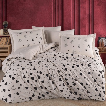 Set lenjerie de pat 4 piese pentru 2 persoane bumbac poplin 100% crem cu negru | Venus | Hobby Home