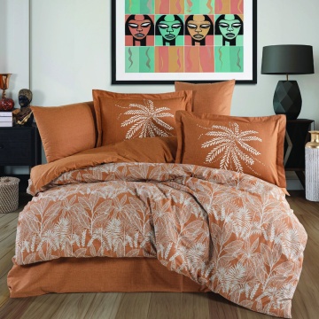 Set lenjerie de pat bumbac poplin 100% Selene | Hobby Home | Scorțișoară | Imprimeu vegetal | 4 piese | 2 persoane