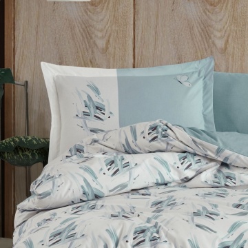 Set lenjerie de pat din bumbac poplin 100% Estate | Alb cu bleu petrol | Imprimeu abstract | 4 piese | 2 persoane | Hobby Home