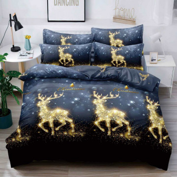 Set lenjerie de pat Mos Craciun, tesatura tip finet, 6 piese, pat 2 persoane, auriu / bleumarin, FNJC-37