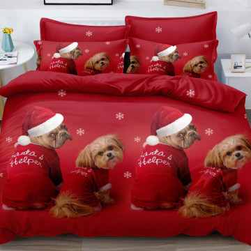 Set lenjerie de pat Mos Craciun, tesatura tip finet, pat 2 persoane, rosu, 6 piese, FNQ-49