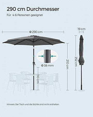 Umbrela de gradina gri antracit din poliester si metal, ∅ 290 cm, Vasagle - Img 5