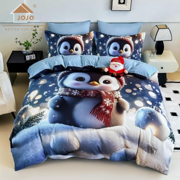 🎄 Lenjerie de Pat 6 Piese Crăciun Bleu | Pinguin cu Fular Roșu | Imprimeu Digital 5D | Finet | Jojo Home