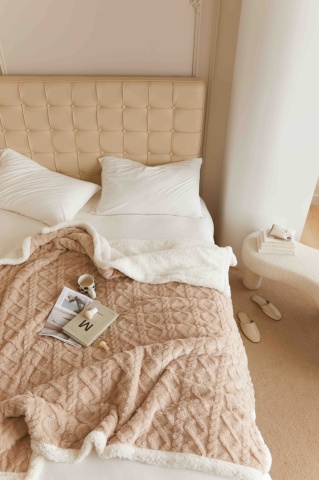 🤎 Pătură Cocolino cu Blăniță 200x230 cm Bej | Model Tricot în Relief | Jojo Home