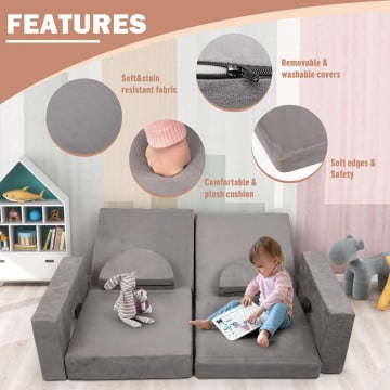 Canapea modulara pentru copii, 10 piese, spuma premium, catifea, gri, Moises - Img 3