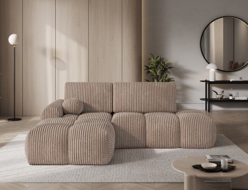 Colțar extensibil cu lada de depozitare | bej | catifea reiata | 227x170 cm | Vittario ELTAP