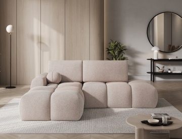 colțar Vittario stânga bej Xillar 20 în living modern cu măsuță rotundă și decor minimalist