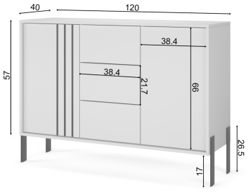 Schiță dimensiuni comodă Nexo ADRK stejar artisan 120x40x87 cm cu detalii compartimentare și înălțime picioare metalice negre