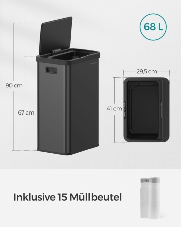 Cos de gunoi cu senzor, 41 x 29,5 x 67 cm, metal / plastic, negru, Songmics - Img 5