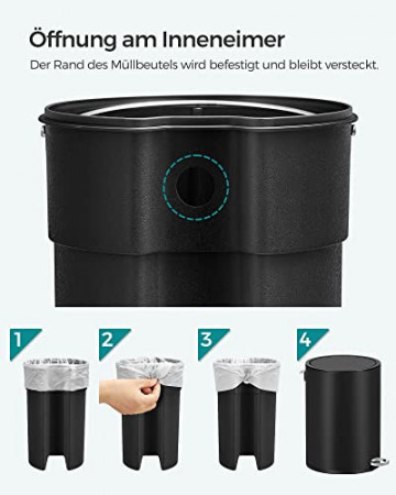 Cos de gunoi pentru baie, ∅ 18.8 cm, metal, negru, Songmics - Img 8