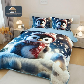 Cuvertură de Pat Matlasată 5D Crăciun Albastru | Pinguin cu Fular Roșu | 3 Piese | Finet Catifelat | PatulMeu