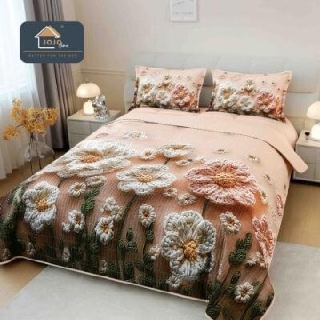 Cuvertură matlasată 5D bej cu flori câmpenești JOJO HOME – 3 piese