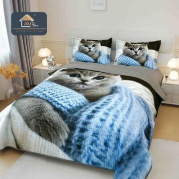 Cuvertură matlasată 5D bleu cu pisică JOJO HOME – 3 piese