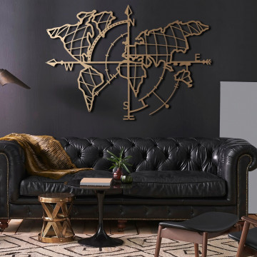 Decoratiune de perete, World Map Compass Gold, Metal, Dimensiune: 65 x 95 cm, Auriu - Img 7