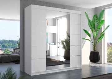 Dulap Dalmatia 200 cm alb cu două uși glisante, oglindă centrală și inserții decorative argintii, amplasat într-un dormitor modern