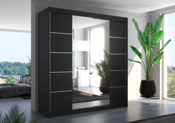 Dulap Dalmatia 200 cm negru cu oglindă centrală și inserții decorative argintii, amplasat într-un dormitor modern