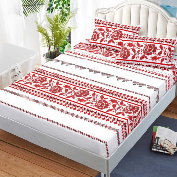 Husa de pat cu elastic si 2 fete de perna, tesatura tip finet, pat 2 persoane, alb / rosu, G-230