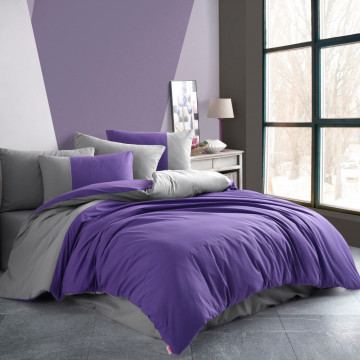 Lenjerie de pat, 100% bumbac, tesatura poplin, pat 2 persoane, 6 piese, gri / violet, Diamond Uni, HBP-97 - Img 3