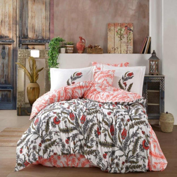 Lenjerie de pat, 100% bumbac, tesatura poplin, pat 2 persoane, rosu / alb, Sophia