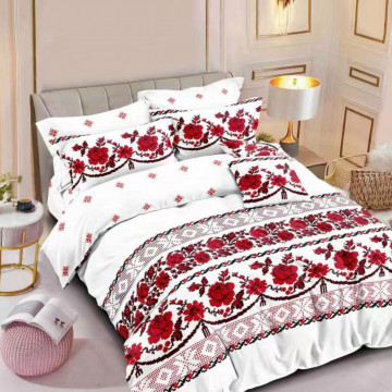 Lenjerie de pat cu 2 fete, tesatura tip finet, pat 2 persoane, alb / rosu, 6 piese, FN-584