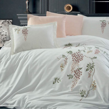 Lenjerie de pat cu broderie, bumbac 100%, pat 2 persoane, 6 piese, alb, Salkim