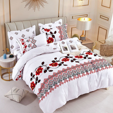 Lenjerie de pat cu elastic, tesatura tip finet, 6 piese, pat 2 persoane, alb / negru, FNJE-102