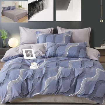 Lenjerie de pat cu elastic, tesatura tip finet, pat 2 persoane, 6 piese, gri / albastru, T276