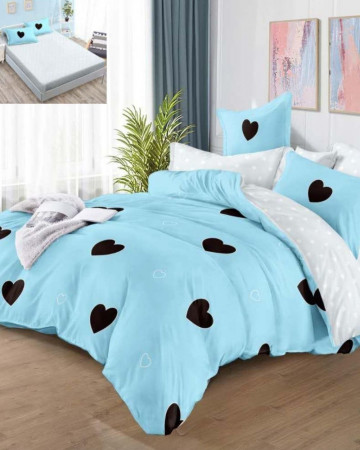 Lenjerie de pat cu elastic, tesatura tip finet, pat 2 persoane, albastru deschis / negru, 6 piese, FNE-05