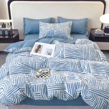 Lenjerie de pat cu elastic, tesatura tip finet, pat 2 persoane, alb / albastru, 6 piese, FNE-205