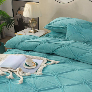 Lenjerie de pat din catifea, cu pliuri, 4 piese, pat 2 persoane, turquoise, LCPJ-08 - Img 2
