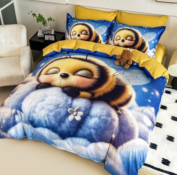 Lenjerie de pat din finet 4 piese 🐝 | Imprimeu digital 5D Albinuță Somnoroasă | Pat 1 persoană | JOJO HOME