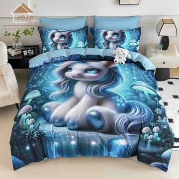 Lenjerie de pat din finet 5D Albastru cu Unicorn | 4 Piese | JOJO HOME | 1 persoană