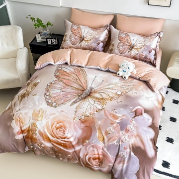 Lenjerie de pat Finet 5D Roz Pudrat cu Fluturi și Trandafiri – 6 Piese – JOJO HOME