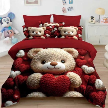 Lenjerie Finet 3D 6 Piese | Model Ursuleț cu Inimi Roșii | Pat Dublu | Johnny Home Pucioasa