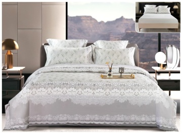 Lenjerie pat satin digital floral delicat | Gri deschis | 6 piese | 2 persoane | Cu elastic