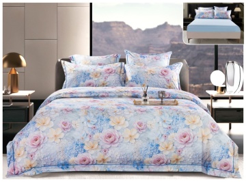 Lenjerie pat satin digital flori | Bleu pastel | 6 piese | 2 persoane | Cu elastic