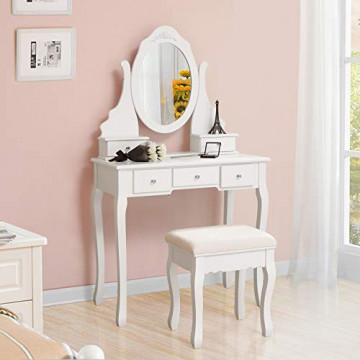 Masa de toaleta cu scaun si oglinda, MDF melaminat, alb, Songmics - Img 2