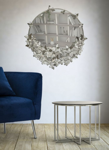 Oglinda decorativa argintie cu rama din metal, ∅ 91 cm, Butterflies Mauro Ferretti - Img 5