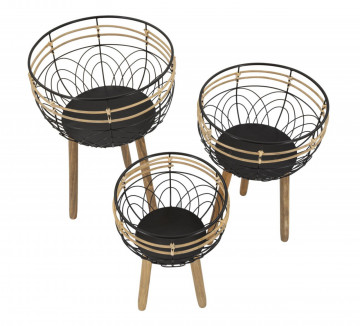 Set 3 suporturi pentru ghivece negre/natural din metal si lemn de Brad, ∅ 35 - ∅ 30 - ∅ 25 cm, Oporto Mauro Ferretti - Img 3