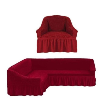 Set husa elastica si creponata cu volan pentru coltar + fotoliu, bordo