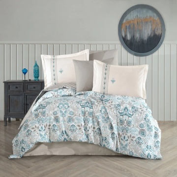 Set lenjerie de pat bumbac poplin 100% crem cu turcoaz | Anabel | Hobby Home