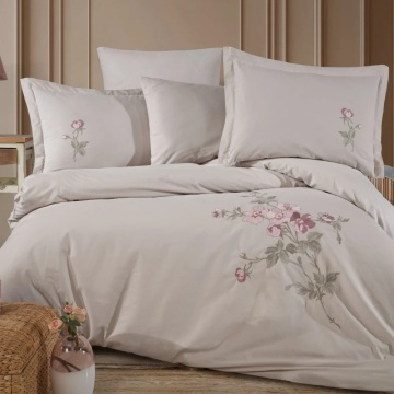 Set lenjerie de pat bumbac poplin 100% Palmyra | Hobby Home | Crem | Broderie florală | 6 piese | 2 persoane
